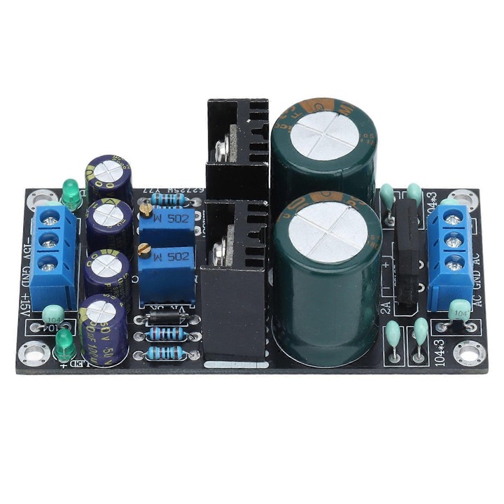 Modul regulator de tensiune reglabil, placa de alimentare LM317/LM337, intrare AC 10-24V, iesire DC 1.25-30V, condensator de filtrare 2200µF, protectie la suprasarcina, negru, 1 buc