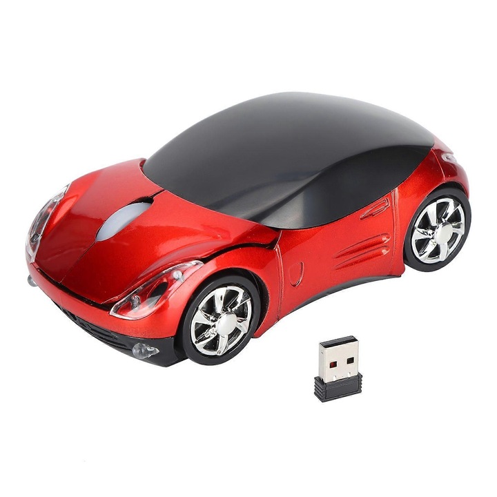 Mouse wireless ergonomic, forma masina rosie, 2.4GHz, USB, 3 butoane, 800-1600dpi