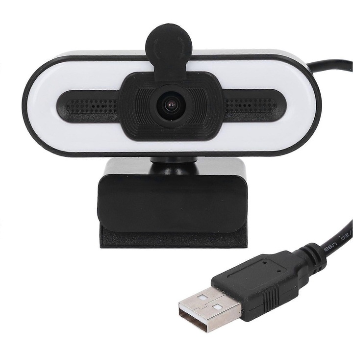 Уеб камера 1080p, широк ъгъл, регулируема светлина, черна, USB 2.0