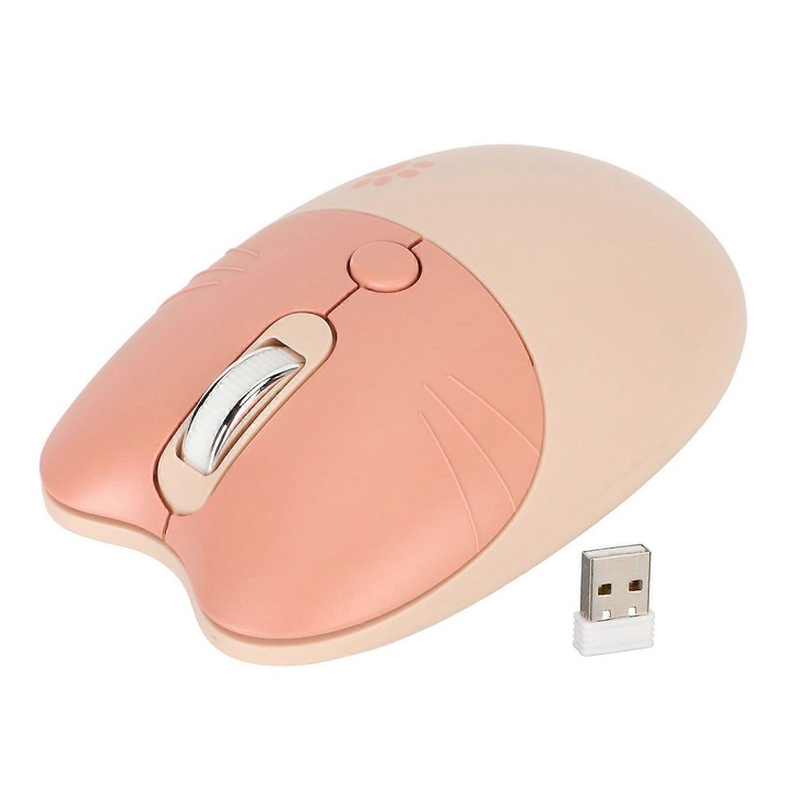 Vezeték nélküli egér/egér, macska típusú, 2.4G USB vevővel, 3 DPI szint (1000/1200/1600), csendes, hordozható, bézs/rózsaszín, 1 db
