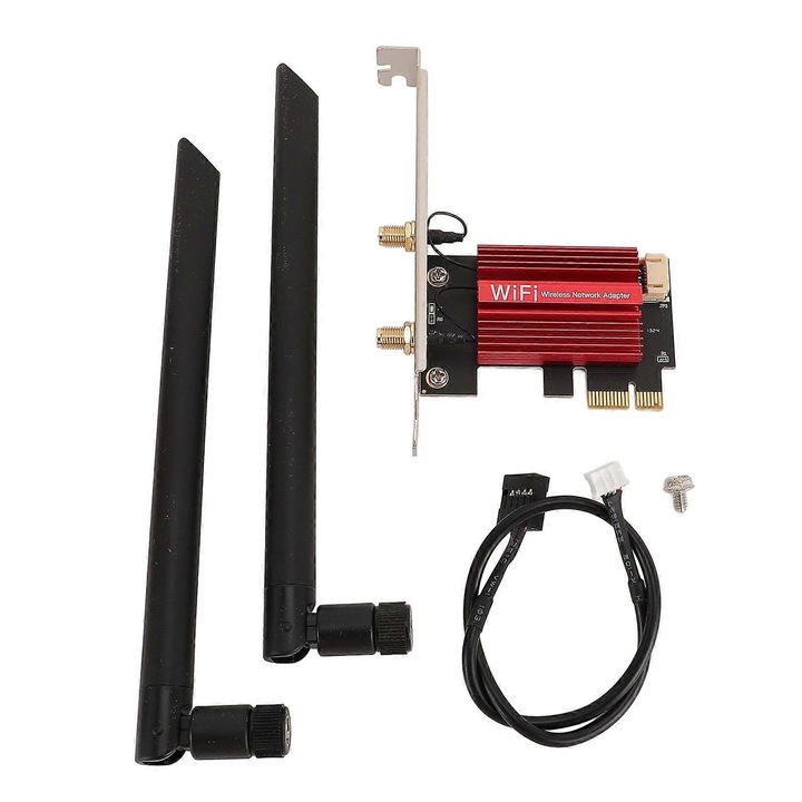 PCIe vezeték nélküli hálózati kártya, MT7925 WiFi adapter, 5400Mbps háromsávos 6GHz/5GHz/2.4GHz, Bluetooth 5.3, dupla 8DB antenna, Win10/Win11/OpenWrt kompatibilis illesztőprogram telepítése nélkül, Fekete/Piros, 1 db