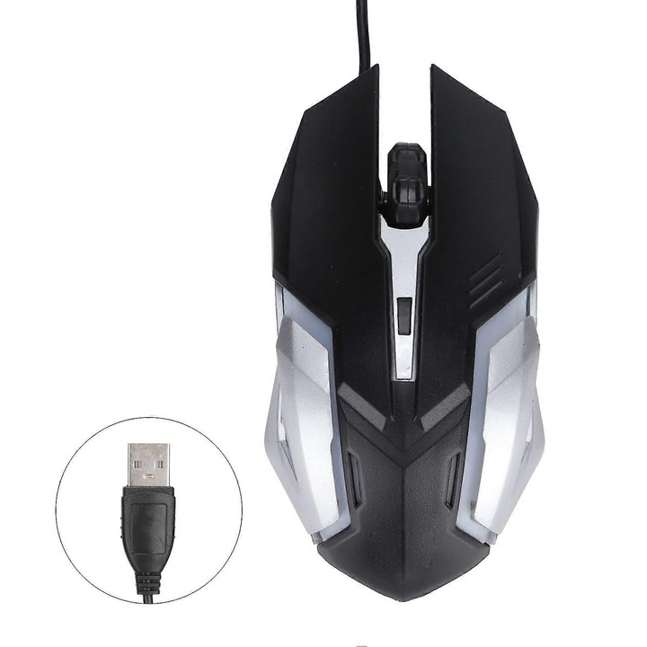 Vezetékes optikai egér, 1600 DPI, többszínű világítás, fekete, USB, közepes méret