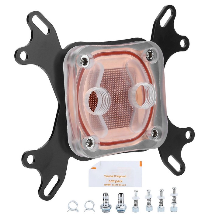 Univerzális CPU vízhűtő blokk Intel/AMD-hez, waterblock, 3mm réz alap, átlátszó organikus üveg fedél, 32 mikrocsatorna és 1024 hengeres oszlop, átlátszó/réz, 1 db