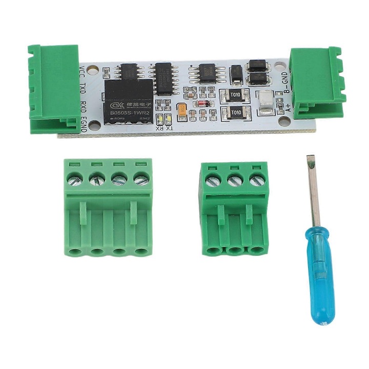 Modul TTL la RS485, 5V industrial, cu TVS si GDT pentru protectie la supratensiuni, izolare DC/DC si izolator digital, alb-verde, 1 buc