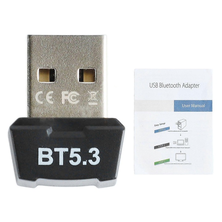 USB Bluetooth adapter, BT5.3 adó-vevő, Bluetooth 5.3, illesztőprogram nélküli telepítés, stabil hatótáv 20m, fekete, 1 db