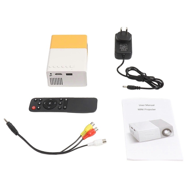 Mini hordozható projektor, zsebprojektor, támogatott felbontás 1920x1080, 17-32 hüvelykes képernyő, LED fényforrás 30000 óra, HDMI/USB/AV/TF bemenetek, fehér/sárga, 110-240V
