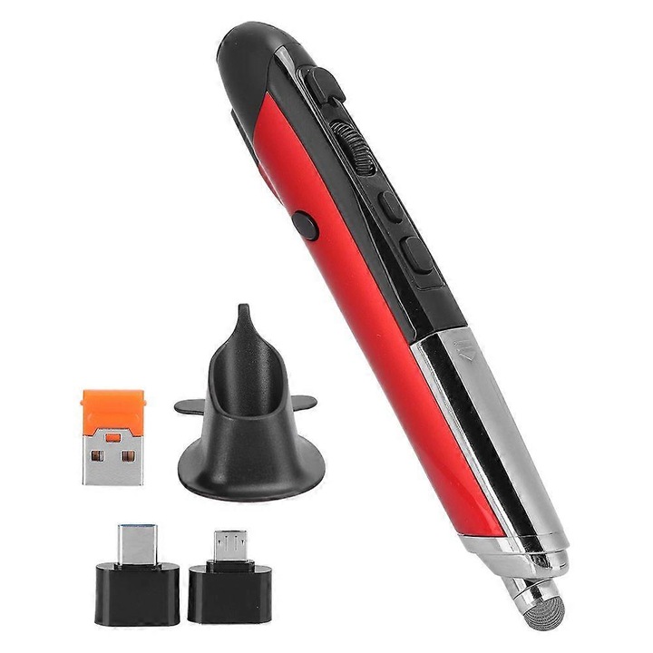 Egér tollhegy/stylus PR-08, vezeték nélküli 2.4G lézerrel, kapacitív, 6 gomb, 3 DPI fokozat 800/1200/1600, piros, 1 db