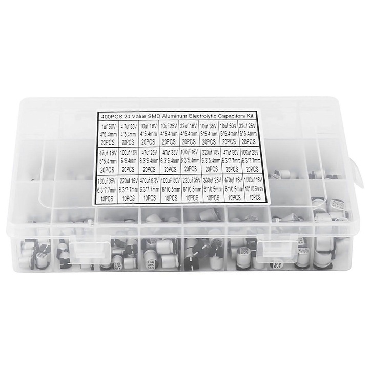 400 darabos készlet, SMD elektrolit kondenzátorok / alumínium kondenzátorok, 24 érték, 1uF-1000uF, 6.3V-50V, 20% tűrés, műanyag doboz, ezüst