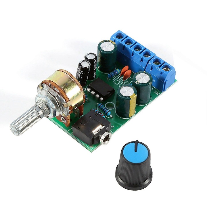 Placa amplificator audio sztereó TDA2822M DC 1.8-12V, 2 csatornás, 0.1-5W, 3.5mm AUX bemenet, potenciométerrel és forrasztásmentes csatlakozókkal, Zöld, 1 db