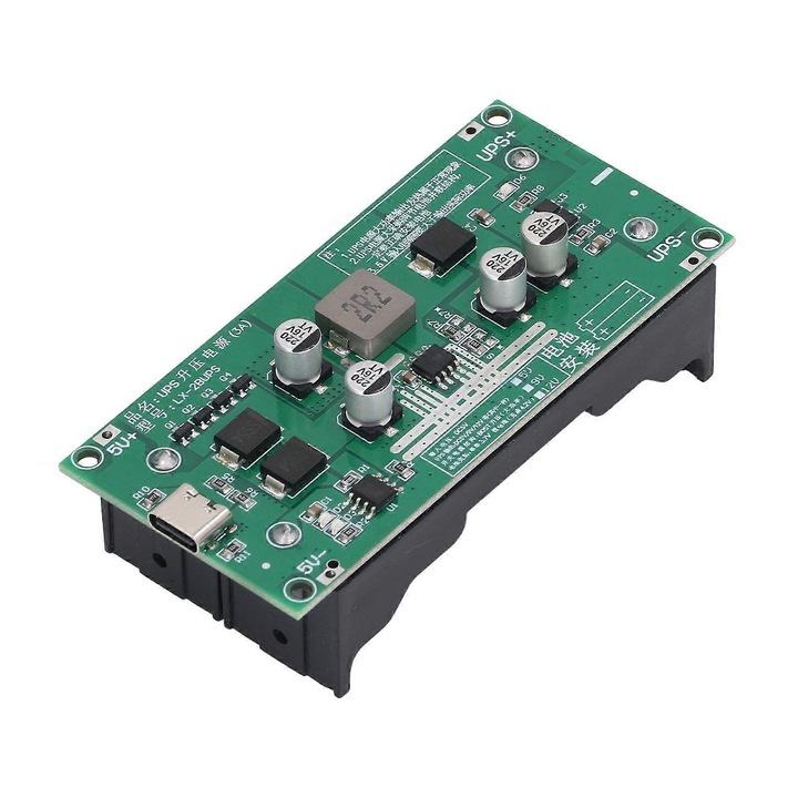 LX 2BUPS akkumulátor töltő modul, 15W 3A boost töltő, UPS funkció automatikus átkapcsolással, 2 x 18650-hez, Micro USB/DC5V bemenet, rövidzárlat/túlfeszültség/alacsony feszültség védelem, Zöld, 1 db