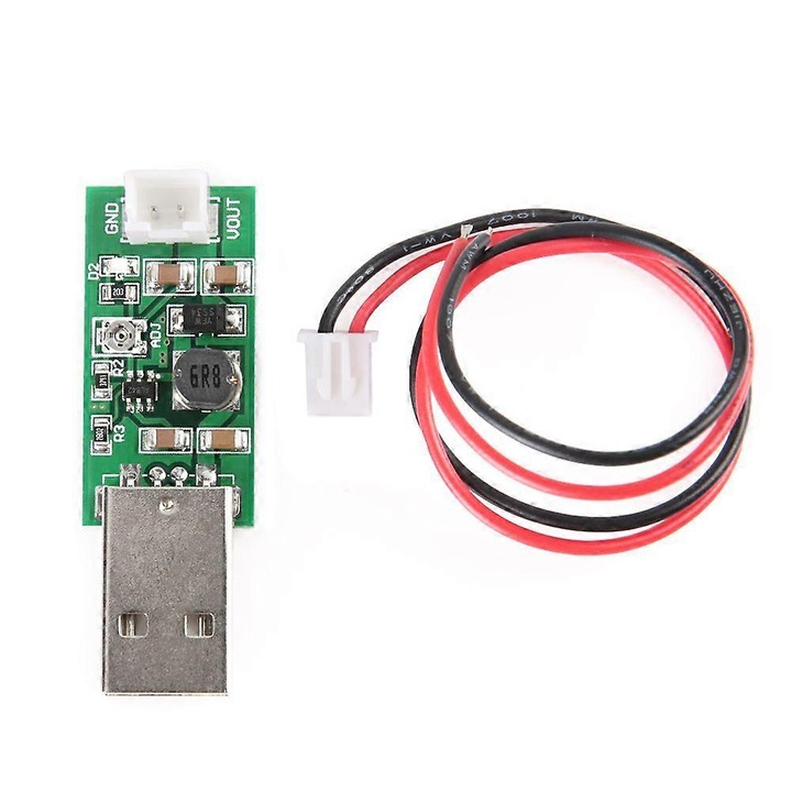 DC-DC boost konverter modul FP6291, USB 5V bemenet, állítható kimenet 6-15.5V akár 7W-ig, folyamatos áram 1A (max 1.4A), hatékonyság 79-90%, Zöld, 1 darab