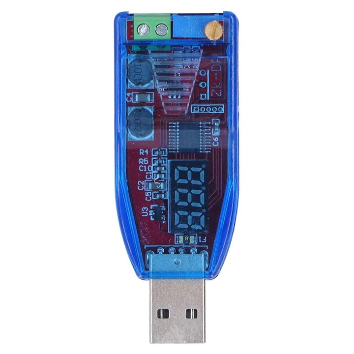 Állítható USB tápmodul, átlátszó kék, 5V-ról 3.3V 9V 12V 24V-ra, 3W, 7x4x2cm