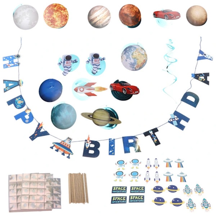 Set 127 piese, decoratiuni pentru tort si petrecere, banner si insertii pentru tort, tema spatiala, PVC si hartie, imprimat fata-verso, multicolor