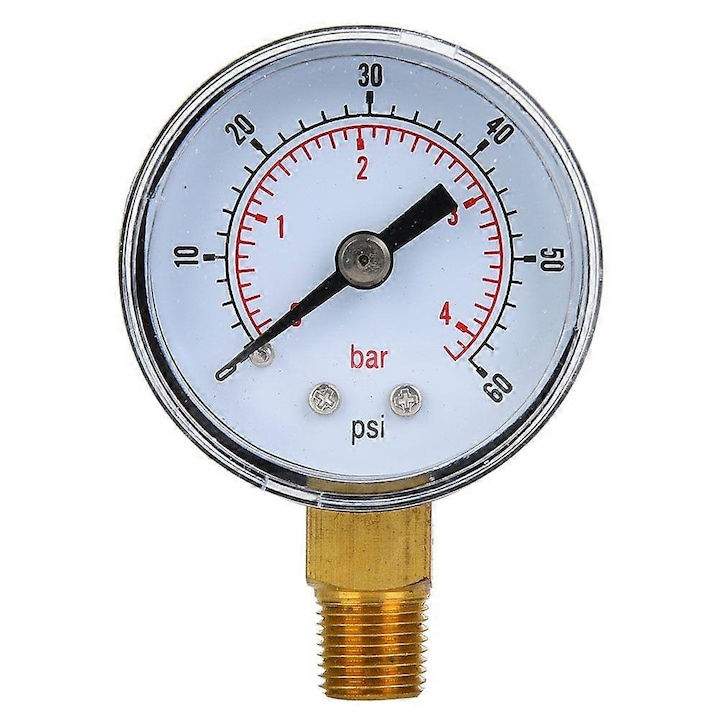 Manometru de presiune 1/8inch BSPT, scala dubla 0-60 psi / 0-4 bar, carcasa metalica, montaj inferior, pentru aer/ulei/apa, alb/auriu, 1 buc