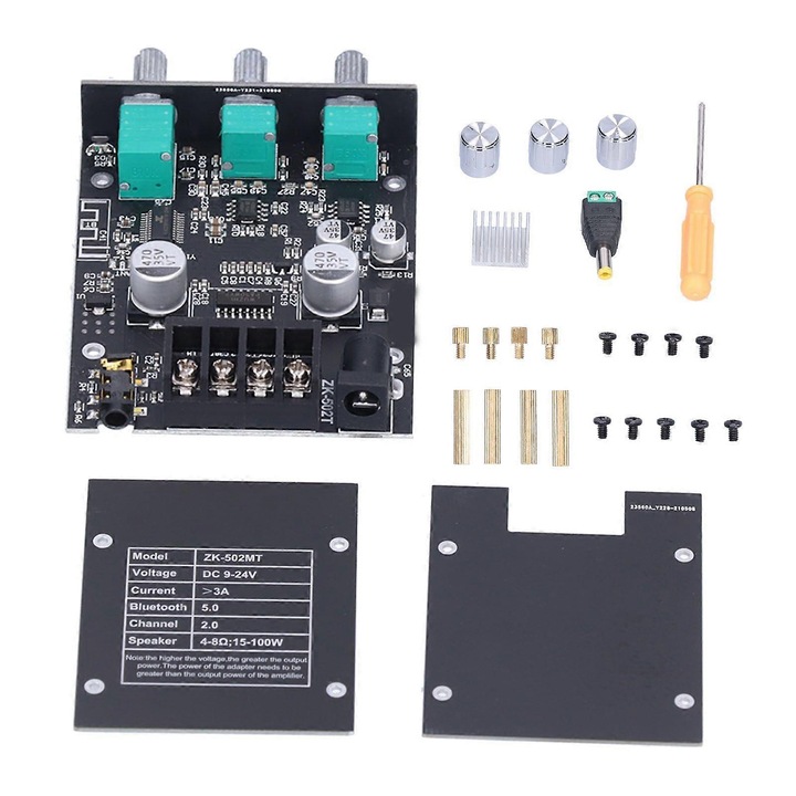 Sztereó audio erősítő modul 2x50W, magas-mély hangszínszabályzó, 9-24V, kétcsatornás