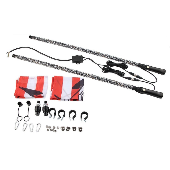 Комплект от 2 броя, LED антена тип whip универсална 12V, 380 LED RGB, 300 модела/366 режима, управление чрез APP и дистанционно, гласова активация, IP67, Многоцветна