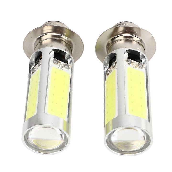 Bec LED H6M pentru far motocicleta/ATV, PX15d P15D25-1, 6000K, 5 x COB SMD cu lentila de proiectie si consum redus, 20W 12V, Alb, 2 bucati