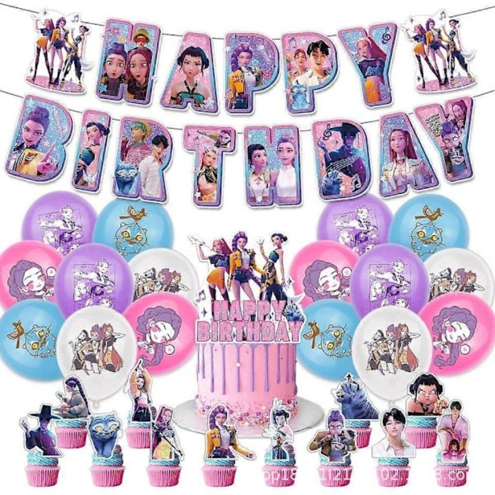 KPop Demon Hunter parti dekorációs szett, Happy Birthday banner, 1 papír zászló, 16 léggömb, 1 tortadekoráció, 12 cupcake dekoráció, Többszínű, 1 szett