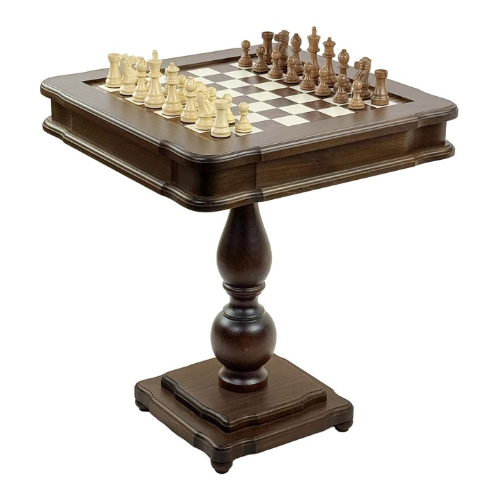 Italfama Luxury játékkészlet, 3 az 1-ben asztal (sakk, dáma, backgammon) megfordítható táblával 58x58 cm, dupla súlyozású akácfa sakkfigurák (király 10.2 cm), ulmus gyökér és hárs furnér, ökológiai bőr poharak és backgammon kiegészítők, barna, 1 db.