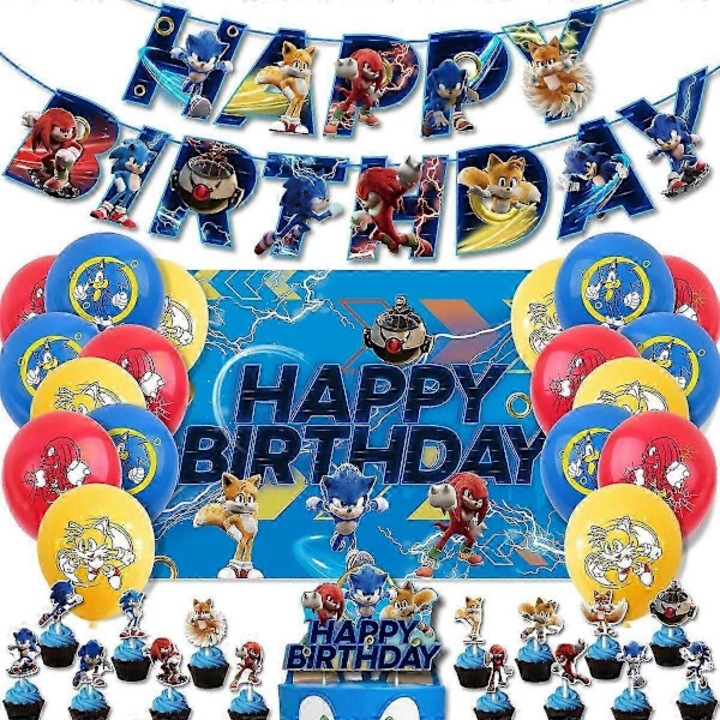 Set decoratiuni petrecere, Tema Sonic, backdrop si banner Happy Birthday, 18 baloane latex (6 albastru/6 rosu/6 galben), set steaguri si 6 pendule spirale, decoratiuni tort si cupcake, Multicolor, 1 set