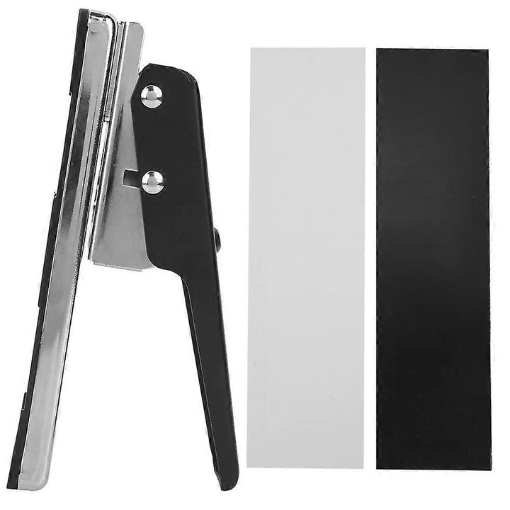 Plektrom lyukasztó, fém és műanyag, 2 kártyavágó sablonnal (DIY), Fekete/ezüst, 1 db + 2 sablon, 17x8x3.8 cm