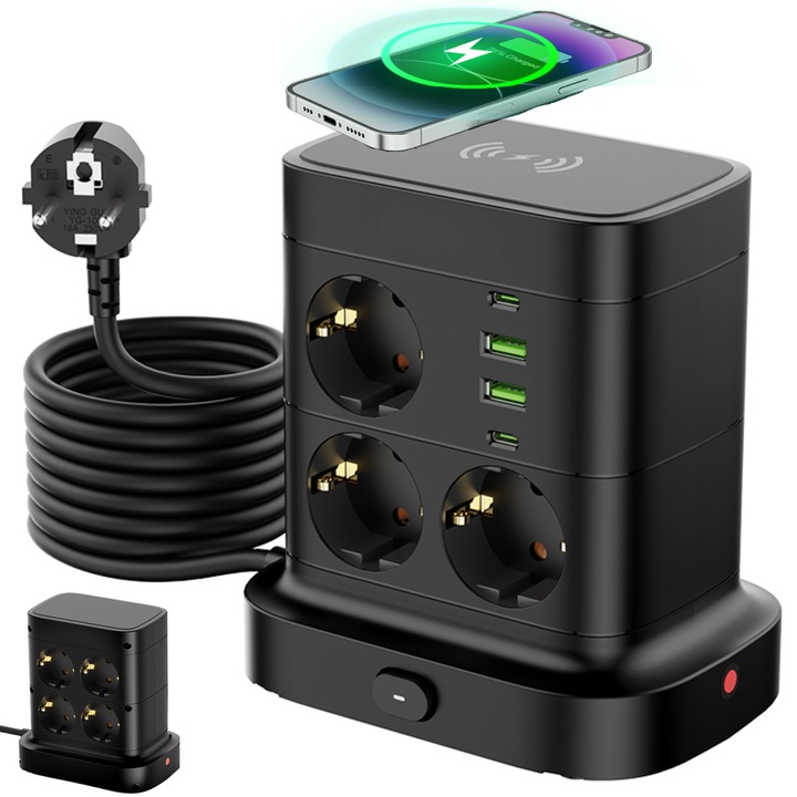 Dasbo Függőleges Elosztó Túlfeszültségvédelemmel, 12 EU Aljzat, 3 USB-A Port, 3 USB-C Port, 2500W, 10A, Gyors Töltés 3.8A, Főkapcsoló, Gyermekvédelem, Túlterhelésvédelem, Túlfeszültségvédelem, 3m Kábel, ON/OFF Kapcsoló