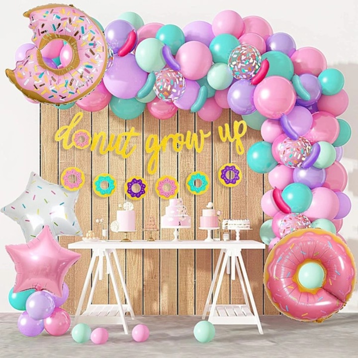 Set decoratiuni petrecere donut, decor petrecere, arcada baloane din folie si latex cu baloane donut, banner la multi ani, accesorii montaj incluse (banda arcada, clipsuri, unealta pentru legat, 100 puncte adezive), multicolor, 81 bucati