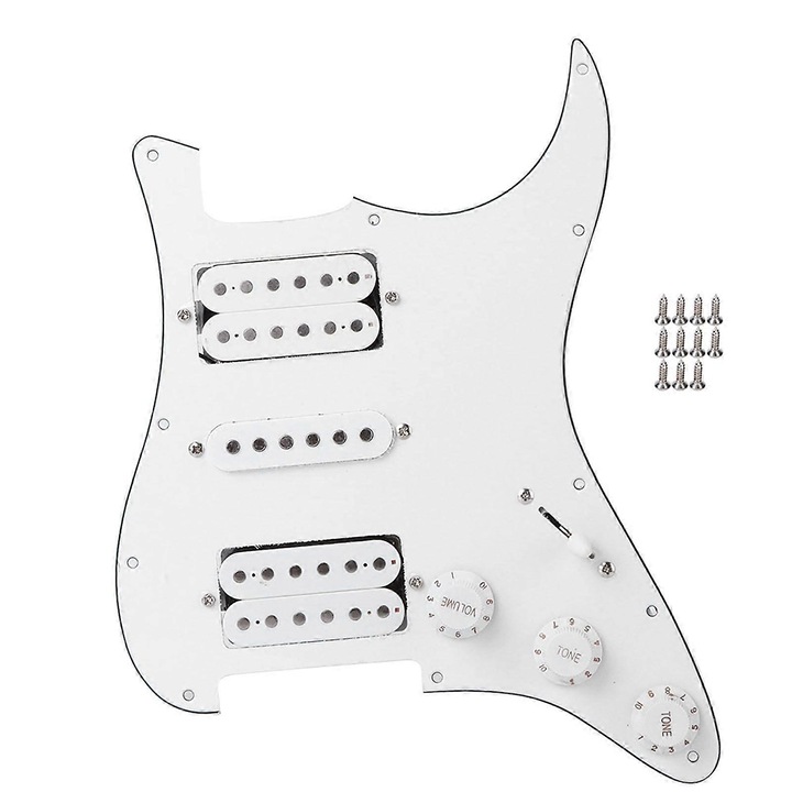 HSH előre bekötött koptatólap elektromos gitárhoz, fém + PVC, 5 állású kapcsolóval és potenciométerekkel, 11 csavarral, Fehér, 285x220 mm