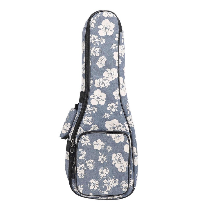 Ukulele tok, nylon, 10mm habszivacs béléssel és kiegészítő zsebbel, hawaii hibiszkusz mintával, kék/fehér, 23 inch