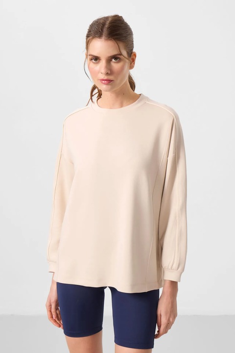 Bluza dama, TommyLife, tunica supradimensionata, casual, dungata, bej natural, jerseu tricotat