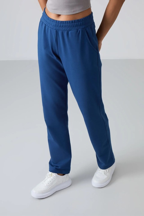 Pantaloni de trening, TommyLife, talie inalta, picioare drepte, albastru marocan, fleece