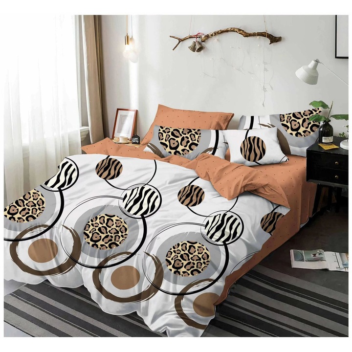 Set Lenjerie de Pat pentru 2 Persoane, Pucioasa, 6 Piese, Bumbac Finet, Cearceaf Pilota 200x230 cm, Cearceaf Pat 220x230 cm + 4 Fete de Perna, Cercuri Maro