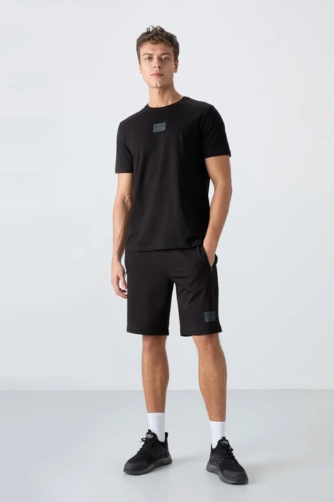 Set Tricou si Pantaloni Scurti Barbati, TommyLife, Imprimat, Negru, Bumbac