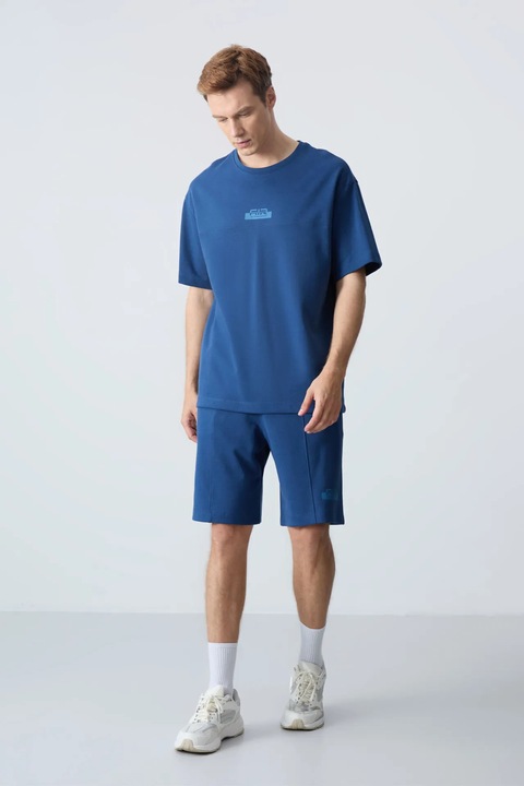 Set Activ, TommyLife, Tricou Oversized si Pantaloni Scurti, Albastru Marocan, Bumbac/Poliester