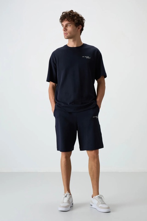 Set Activ, TommyLife, Tricou supradimensionat cu maneca scurta si pantaloni scurti, Albastru Marin, Bumbac/poliester