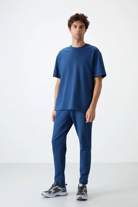 Set Trening Lifestyle Barbati, TommyLife, Oversized Tricou si Pantaloni, Moroccan Blue, Bumbac/Poliester