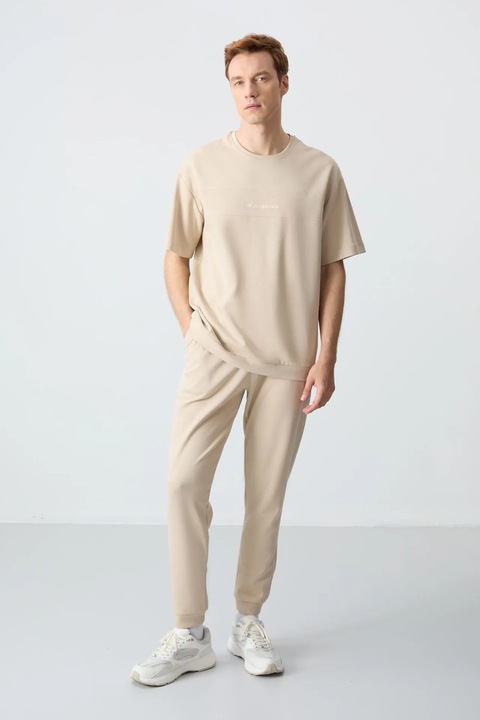 Set Trening, TommyLife, Tricou si Pantaloni Oversized, Bej Natural, Bumbac