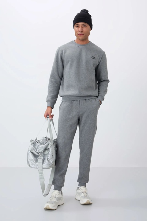 Set Trening TommyLife, Hanorac cu Maneci Lungi si Pantaloni Lungi, Gri, Bumbac/Poliester