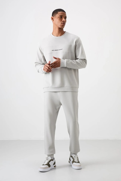 Set Trening TommyLife, Hanorac cu Maneca Lunga si Pantaloni Asortati, Gri Deschis, Bumbac/Poliester