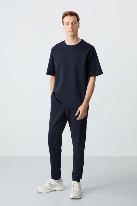 Set trening, TommyLife, tricou scurt si pantaloni asortati, albastru marin, bumbac/poliester