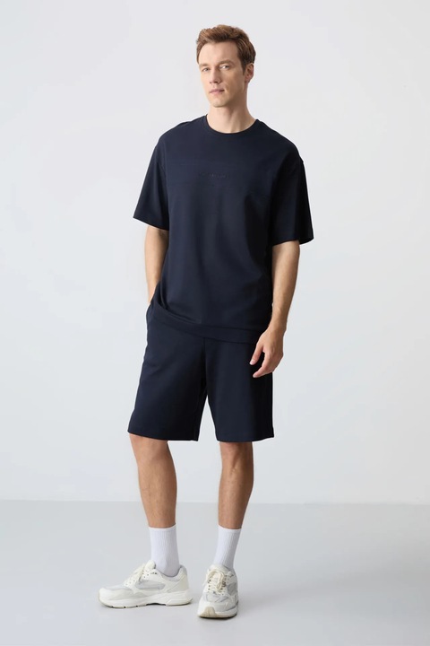 Set Activ, TommyLife, Tricou si Pantaloni Scurti Supradimensionati, Albastru Marin, Amestec de Bumbac