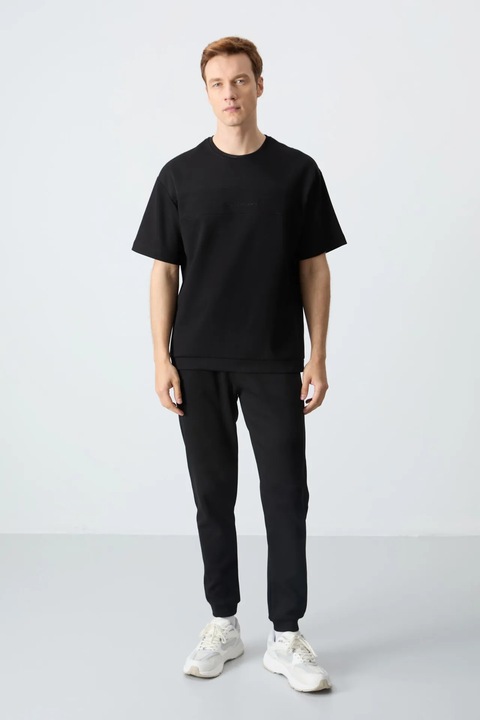 Set tricou si pantaloni supradimensionati, TommyLife, 82% bumbac, Negru
