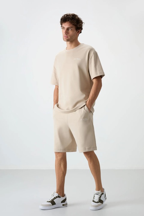 Set Activ, TommyLife, Tricou Supradimensionat cu Maneca Scurta si Sort, Bej Natural, Bumbac/Poliester