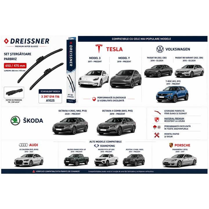 Set stergatoare parbriz Dreissner 650/475 mm, Tesla Model 3, Tesla Model Y, VW Passat B8, T-Roc, Skoda Octavia IV, Audi A3 Sedan 8VS, SsangYong Musso, Rexton ll, Porsche Panamera l, Echivalent Bosch 3397014116
