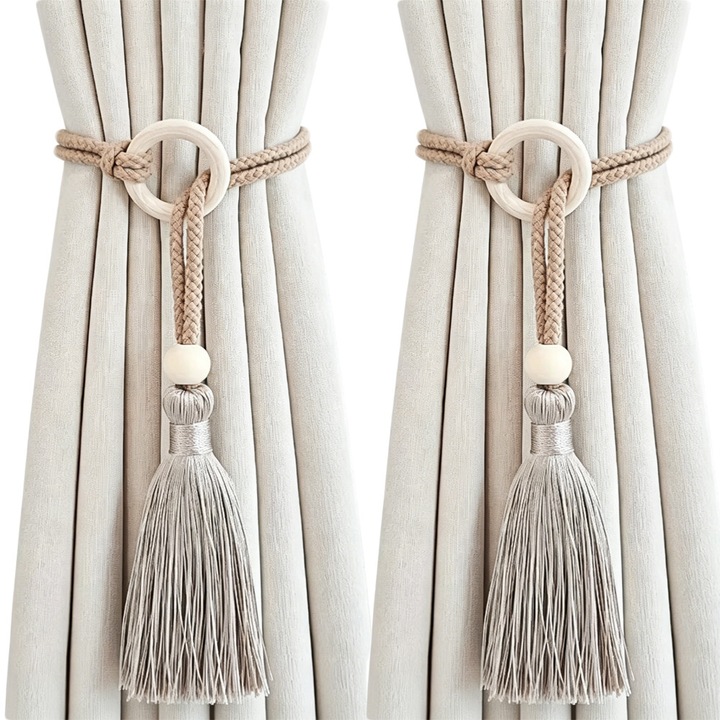 AWOCAN függöny tartók, 2 db-os szett, boho, natúr pamut, khaki, 60x2cm
