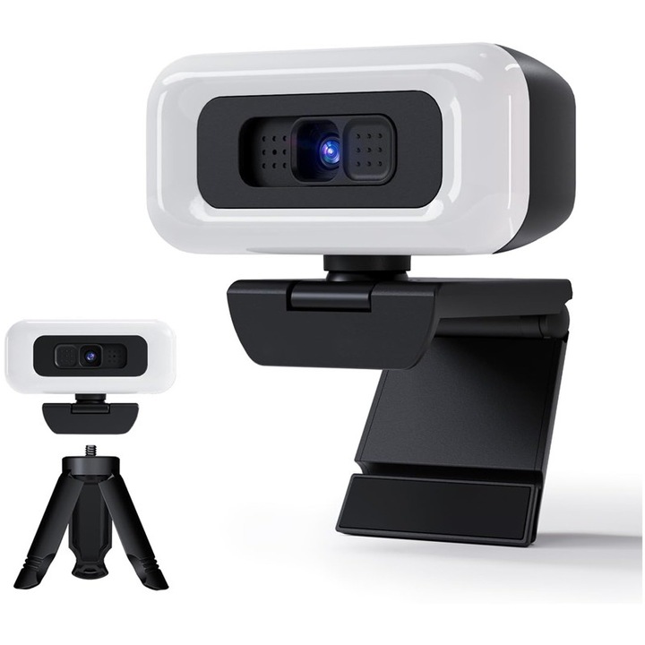 Уеб камера Rqiurpn 1080P, двоен микрофон, статив, защитен капак, USB