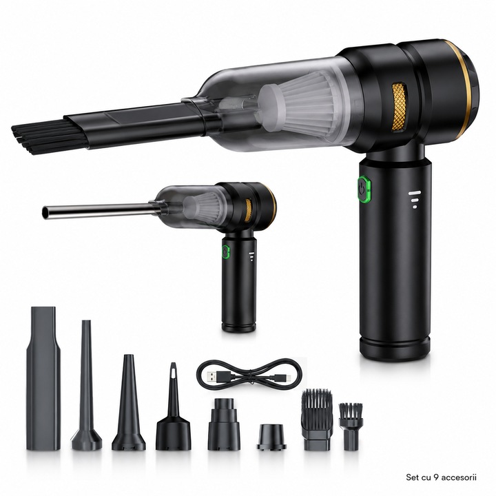 Aspirator auto portabil 4 in 1, 16000Pa, baterie 6000mAh, 100W, motor brushless 90000RPM, autonomie 30 min, aspirare, suflare si vidare, 3 viteze, 9 accesorii, 3 filtre HEPA reutilizabile, pentru masina si casa, negru-auriu