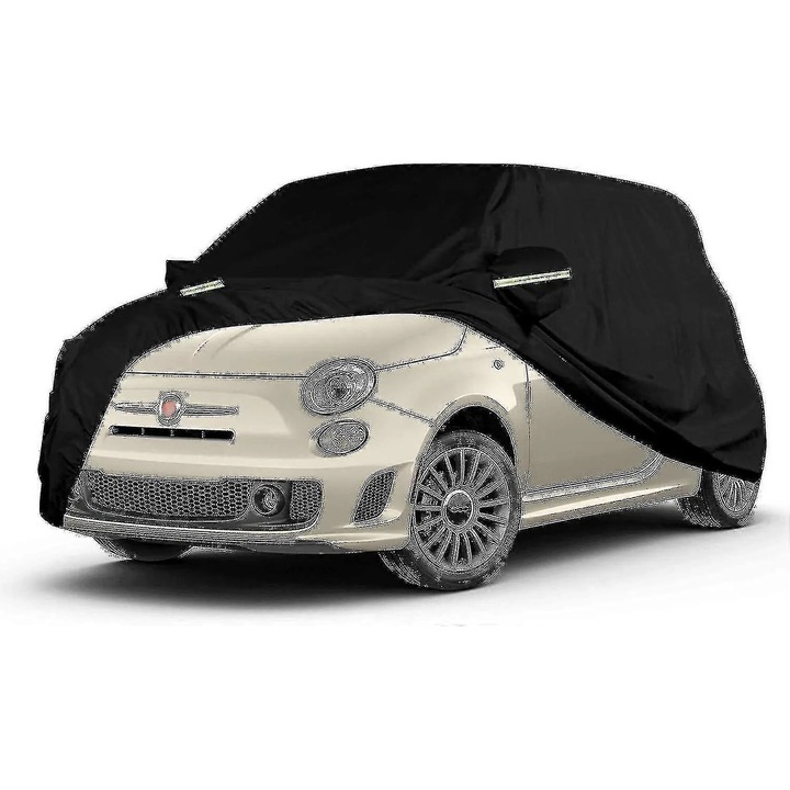 Autóponyva/autóhuzat kompatibilis Fiat 500/500c/500e/Abarth 500 2007-2022, 210T Taffeta poliészterből, sűrű szövésű, 100% vízálló, kopásálló, Fekete, 1 db