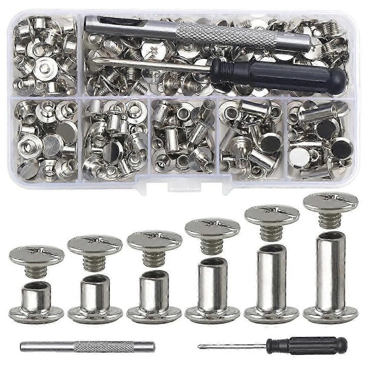 110 db ezüst színű fém Chicago csavar készlet 9.5mm 4-12mm szerszámokkal