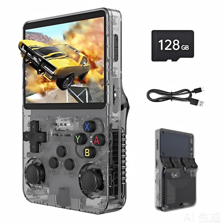 Consola portabila Homkel R36S, 20000 jocuri, IPS LCD 3.5" 640x480, CPU RK3326, 1GB DDR3L, Emulator N64 PSP PS1 PlayStation Sega, 3200 mAh, Linux, 15x8x2cm, Negru transparent